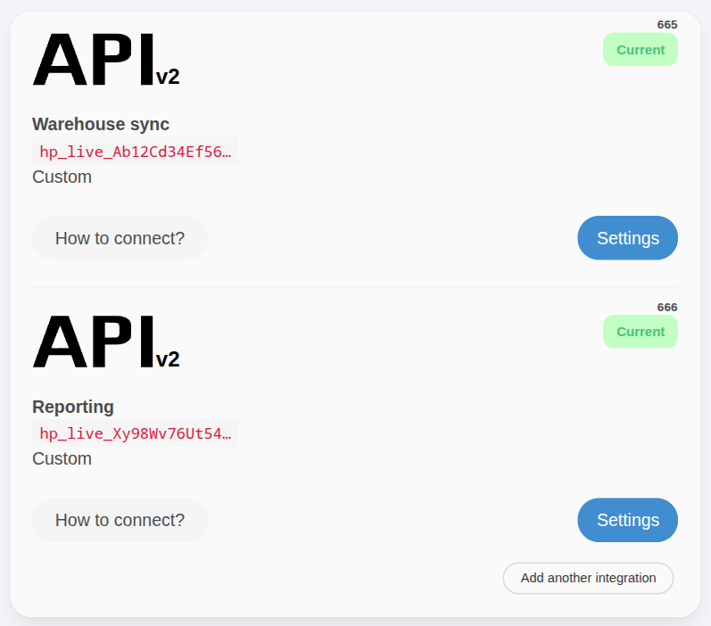 API v2 keys in the integrations list